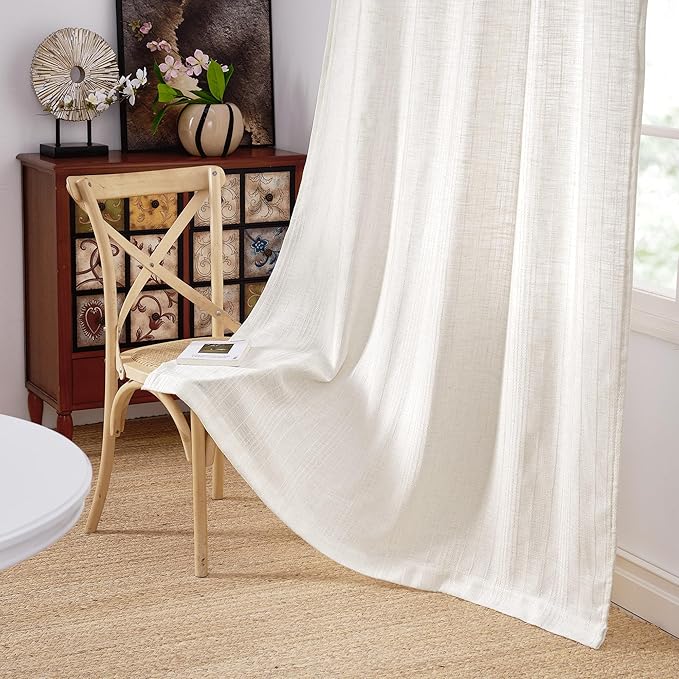 NICETOWN Natural Linen 90 inch Curtains Boho Style, Jacquard Weave Waffle Pattern Privacy Light Filtering Drapes for Farmhouse/Living Room, W52 x L90, 2 Panels
