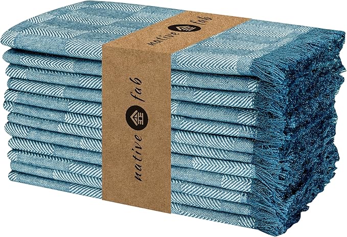 Native Fab Herringbone Cloth Napkins 16x16 inches, 100% Cotton Dinner Napkins with Fringes, Set of 12, Machine Washable Cloth Napkins, Soft Breathable Absorbent, Teal Green