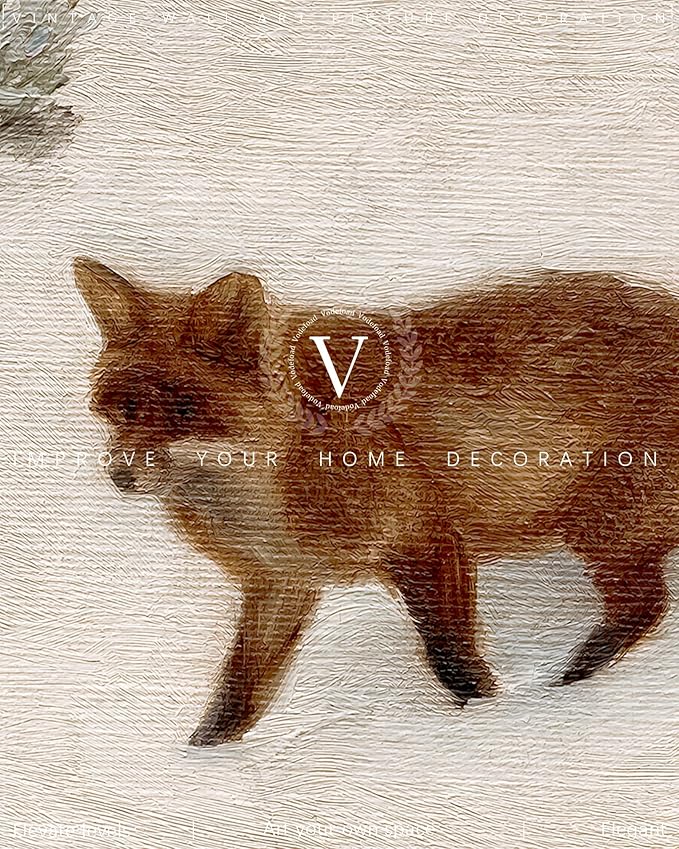 Vodefoad Vintage Fox in the Snow Winter Print Fox in Winter Christmas Retro Landscape Oil Painting Antique Winter Landscape Watercolor Animal Picture Aesthetic for Bedroom Bathroom Living Room Christmas Decor Painting Holiday Art - 8x10Inch Unframe