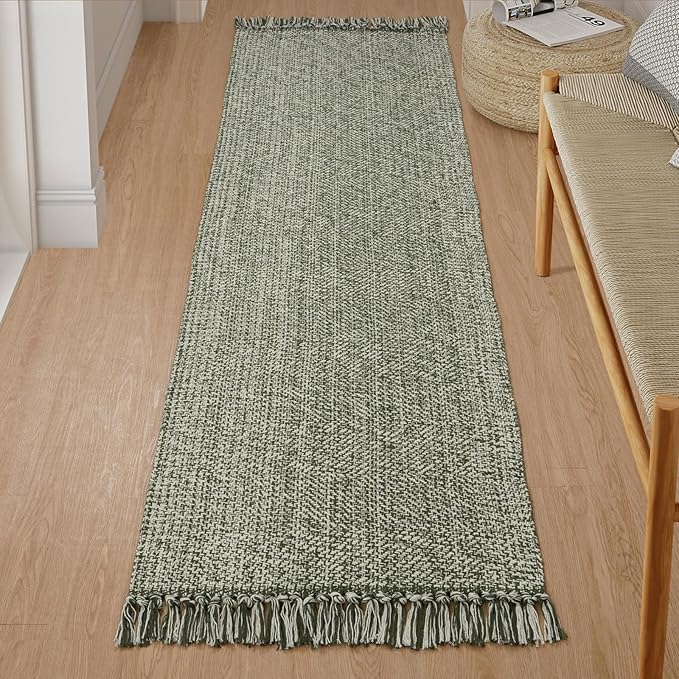Collive Long Carpet Runners for Hallway 2x8ft, Washable Low Profile Front Entryway Rug Cotton Hand-Woven Kitchen Rug Runner, Olive Green/Cream Farmhouse Bedroom Rug for Laundry Room Entrance