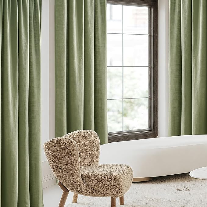 NICETOWN Linen Waffle Weave Sage Green Curtains for Bedroom, Privacy Farmhouse Drapes Light Filtering Window Treatments for Living Room, W52 x L96, 2 Panels
