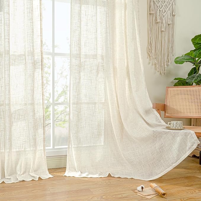 LAMIT 108 inch Linen Curtains for Living Room, Back Tab and Rod Pocket Cream Ivory Extra Long Curtains Light Filtering Neutral Drapes for Large Window, 2 Panels,52 x 108 Inch, 9FT, Natural