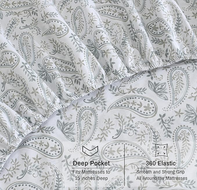RUVANTI 100% Cotton Organic Percale Sheets Queen Size – Crisp Cooling Bed Sheets for Hot Sleepers, Deep Pocket 15”, Soft Peach Finish, Breathable & Durable Hotel-Style 4 Pcs, Ornate Oasis
