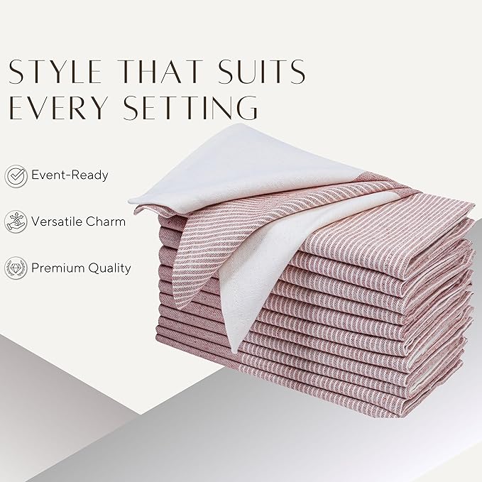 Ramanta Home Cloth Napkins Set of 12 18x18 Inches - Spring Basket Decor Block Striped Dinner Napkins for Easter Farmhouse Wedding, Washable Soft Cotton Durable Table Linen for Everyday Use - Rust