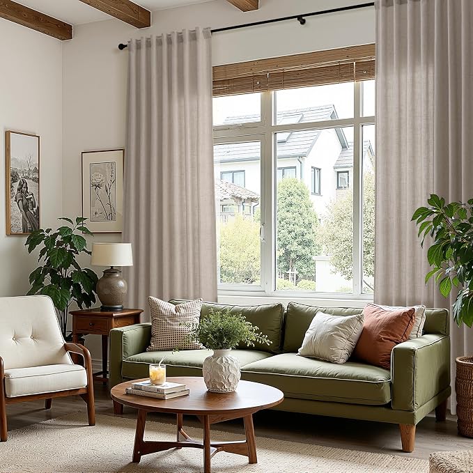 Nanspring Stone Beige Curtains 63 Inch Length for Living Room Linen Luxury Light Filtering Semi Sheer Curtain Back Tab Simple Modern Elegant Farmhouse Decor Drapes for Bedroom Office 52x63, 2 Panels
