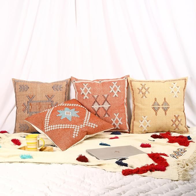 Trade Star Sabra Kilim Pillow Shams 100% Cotton Throw Cushion Cover Set of 4 Pillow Covers Handloomed Pillow case Premium Cushion Case Handwoven Farmhouse Pillowcase 18x18 Inches (Sabra 4)