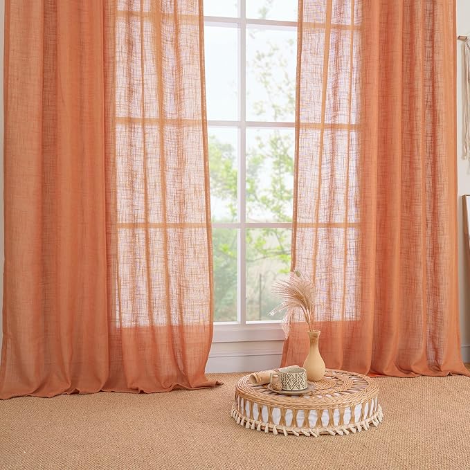 LAMIT Linen Curtains 48 Inch Length 2 Panels, Light Filtering Panels Back Tab and Rod Pocket Country Decor Drapes for Kitchen/Window/Loft Room/Bedroom, 34 x 48 Inch, Burnt Orange