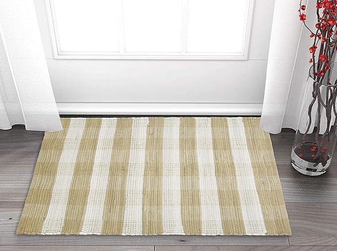 GLAMBURG Cotton Buffalo Check Plaid Washable, Handwoven Checkered Welcome Door Mat 18x30 for Kitchen Bathroom Outdoor Porch Laundry Living Room, Farmhouse Reversible Rag Rug Beige Natural