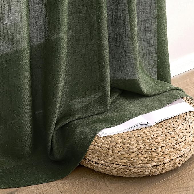 MIULEE Olive Green Linen Curtains 96 Inch Long for Bedroom Living Room, Soft Thick Linen Textured Window Drapes Semi Sheer Light Filtering Rod Pocket Back Tab Christmas Burlap Look, 2 Panels
