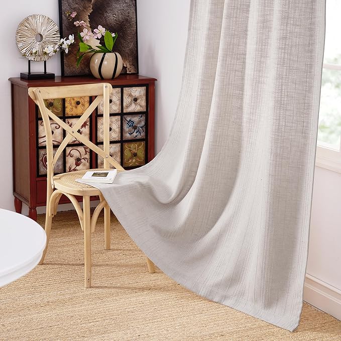 NICETOWN Boho Linen Curtains Jacquard Waffle Weave Pattern, Window Treatments Privacy with Light Filtering Drapes for Living Room, Angora, W52 x L96, 2 Panels