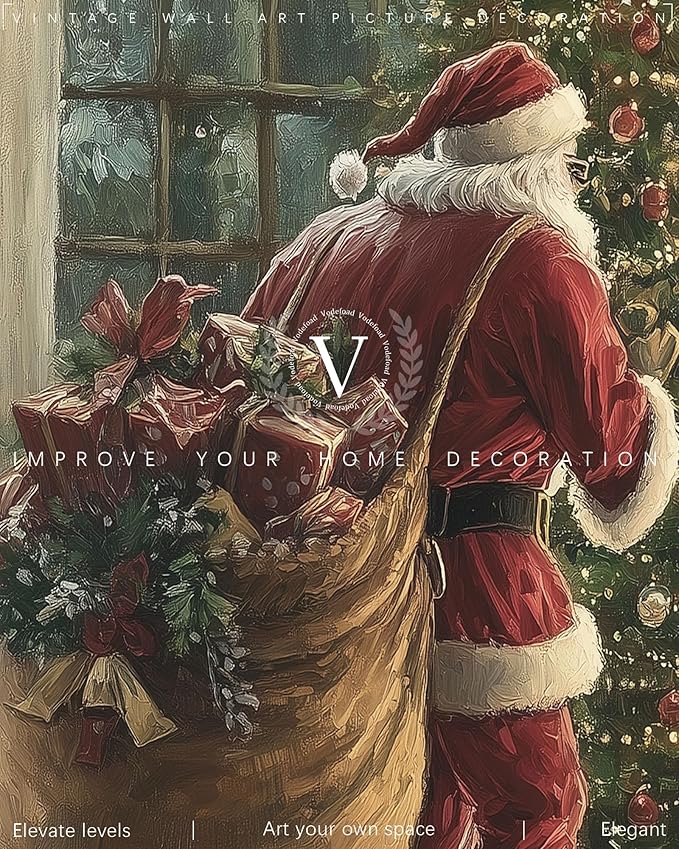 Vodefoad Vintage Christmas Claus Wall Art Cottagecore Santa Claus Canvas Decor Academia Xmas Decor Winter Print Christmas Tree Painting for Christmas Holiday - 8x10Inch Unframe