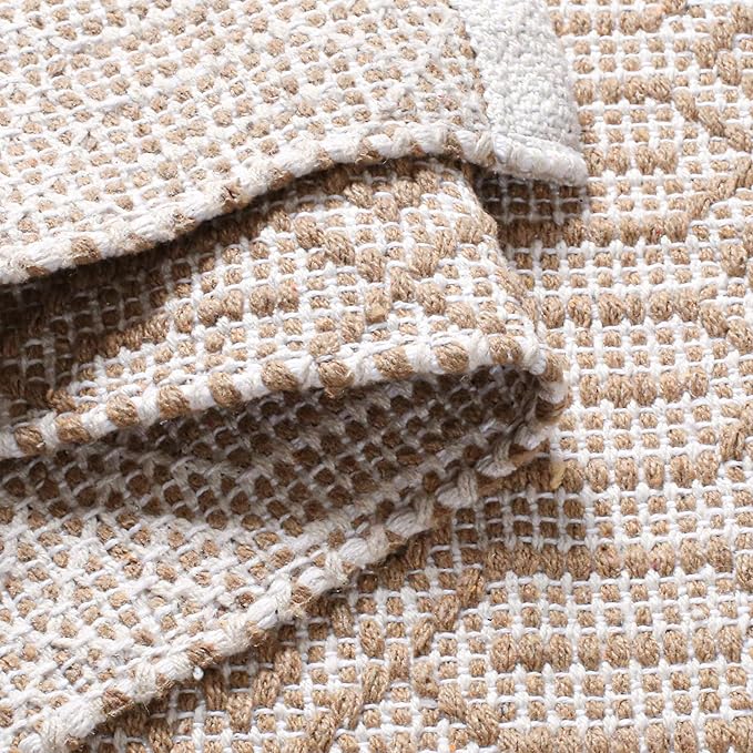 Cotton Diamond Hand Woven Area Rug 3x5 Feet - Beige, Large Farmhouse Geometric Dinning Space Rugs Ideal for Bedroom, Living Room, Office | Neutral Fibre Non Slip Patio Mats for Balcony Décor