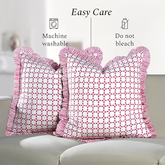 CPC Magenta Pink Hand Block Print 100% Cotton Ruffle Throw Pillow Cover 18x18 inch with Hidden Zipper Decorative for Couch, Bed, Sofa, Farmhouse, Cottagecore Decor Gift Christmas Fall Thanksgiving