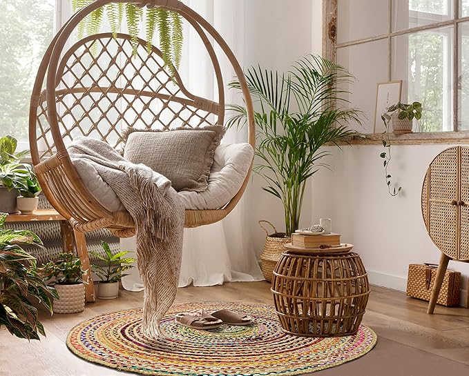 COTTON CRAFT Jute Cotton Chindi Braid Rag Rug - Boho Farmhouse Rustic - Handwoven Reversible Natural Jute and Recycled Cotton Throw Area Rug Carpet - Home Décor - 3 Feet Round Multi Color