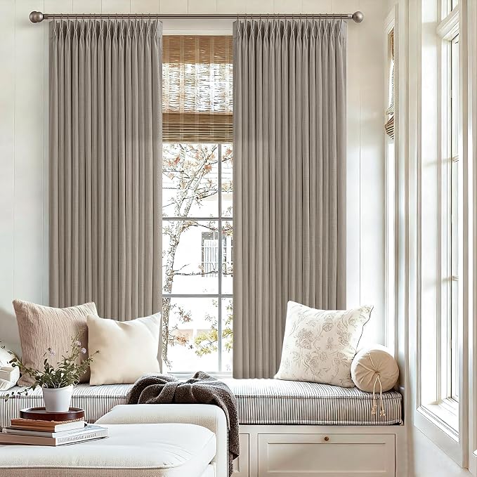 Taupe Light Filtering Kitchen Curtains 63 Inches Long 2 Sets Basement Curtains for Small Window Burlywood Birch Tan Brown Pinch Pleated Linen Short Semi Sheer Back Tab for Bay Windows 50Wx63L