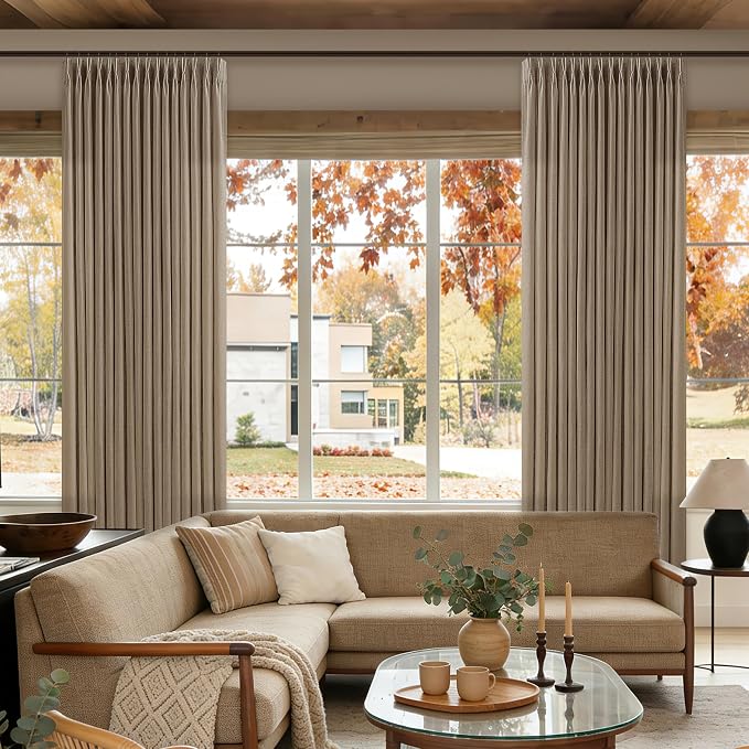 Latte Pinch Pleated Linen Curtains 102 Inch Length 2 Panels Set Rustic Light Brown Light Filtering Privacy Pleat Curtain for Living Room Bedroom Sliding Door Back Tab Flax Linen Drapes 102 Inches