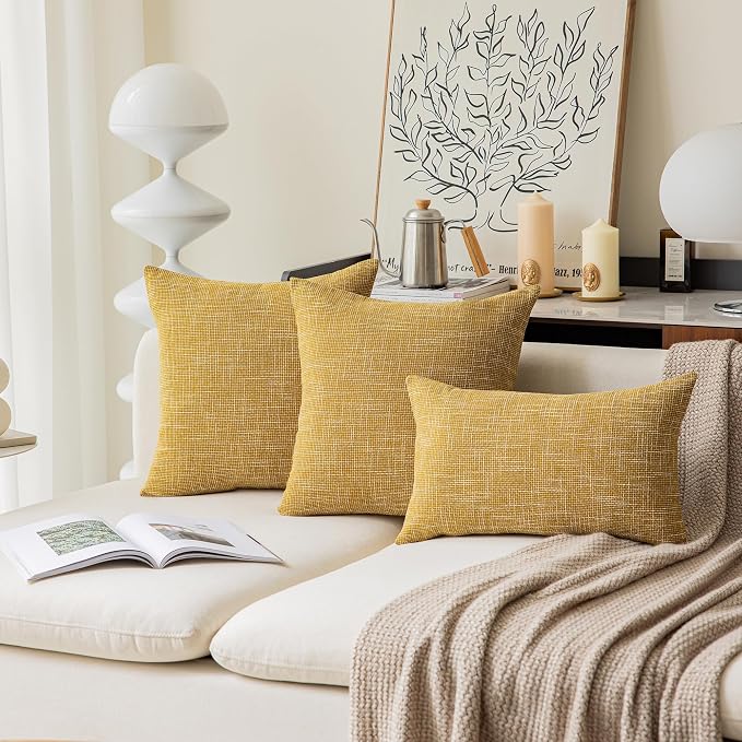 Kevin Textile Decorative Linen Pillowcases for Couch/Sofa/Bed/Car, Honey Yellow Striped Star Both Sides, 26x26-inch (66x66cm), 2 Pieces,Honey Yellow