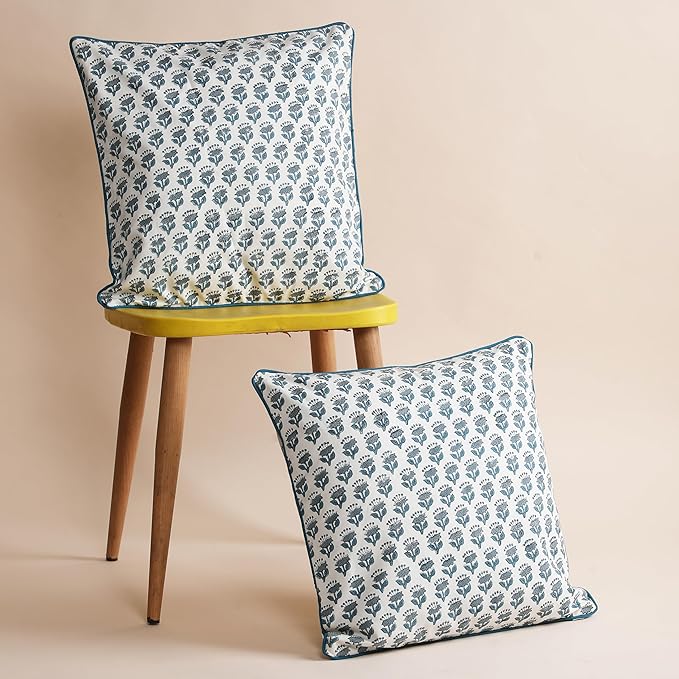SheetKart Pure Cotton Throw Pillow Covers - Set of 2 - Hand Block Pure Cotton Printed Boho Decorative Pillow Covers - Cushion Covers for Living Room, Bohemian Theme, 18 x 18 Inches, Ocean Mist Teal