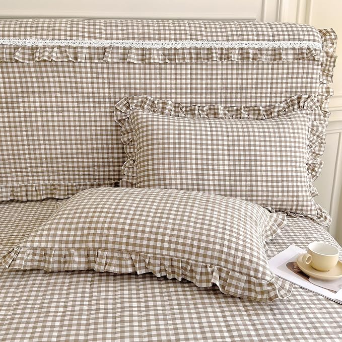mixinni Tan Gingham Ruffle Duvet Cover Full Size 3 Pieces – 100% Washed Cotton, Vintage Plaid Ruffled Bedding Set with Zipper Ties, Soft Cream Checkered Grid Farmhouse Chic Comforter Cover Set