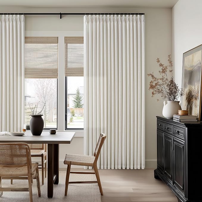 126 Inch Long Pinch Pleat Linen Curtains for Living Room 2 Panels Set Natural Cream Boho Semi Sheer Light Filtering Neutral 126 Inch Pleated Curtain with Rings Hooks Floor Ceiling Bedroom Window
