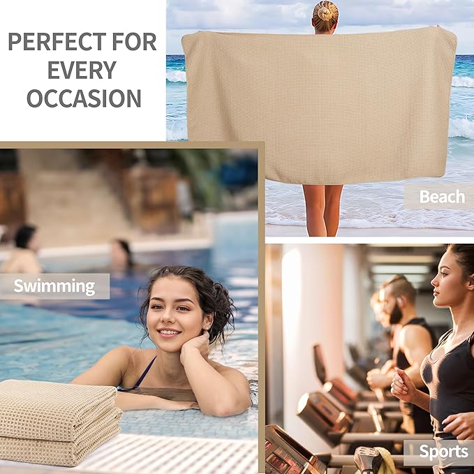 MICROFI New Microfiber Waffle Bath Towels, 2 Pieces, Oversized, Soft, Absorbent, Fast Drying, Lint Free 430 GSM (Beige)