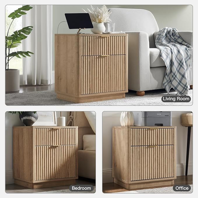 T4TREAM 23'' Fluted Nightstand Set of 2 with Charging Station, Large 2 Drawer Side Table, Modern End Table with Storage, Mid Century Bedside Table for Bedroom, Living Room, Curved Profile, Natural Oak