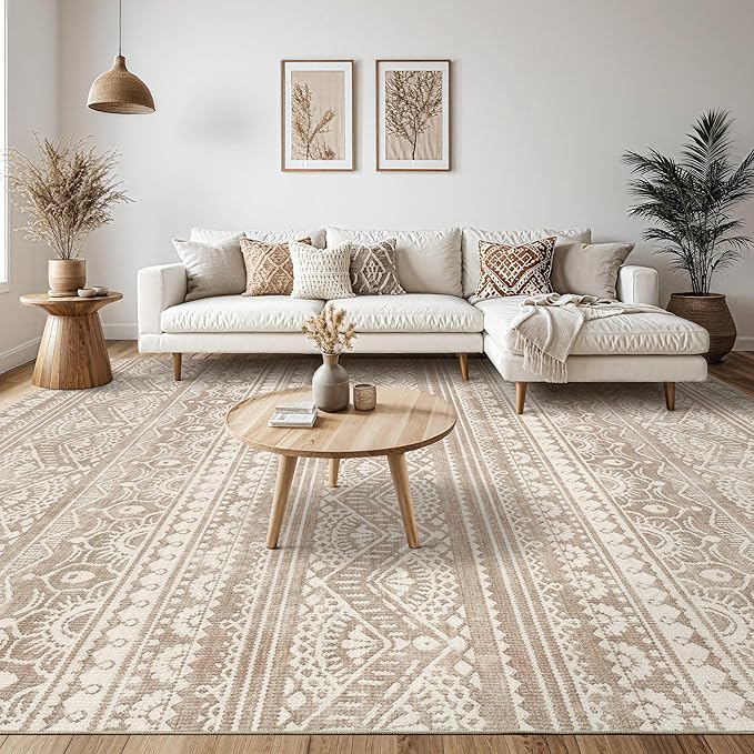 Tortania Area Rug Living Room Rugs - 7x9 Washable Large Soft Neutral Boho Moroccan Bohemian Farmhouse Rug Indoor Floor Carpet for Bedroom Under Dining Table Home Office Decor - Light Brown