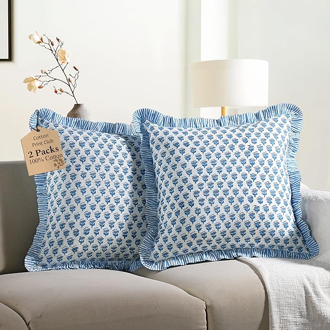CPC Block Print Ruffle Throw Cover Apatite Blue 24"x24" Inch Pack of 2-100% Cotton Ruffle Couch Decorative Boho Pillows Case for Living Room, Bedroom, Sofa, Farmhouse Gift for Spring, Mother's Day