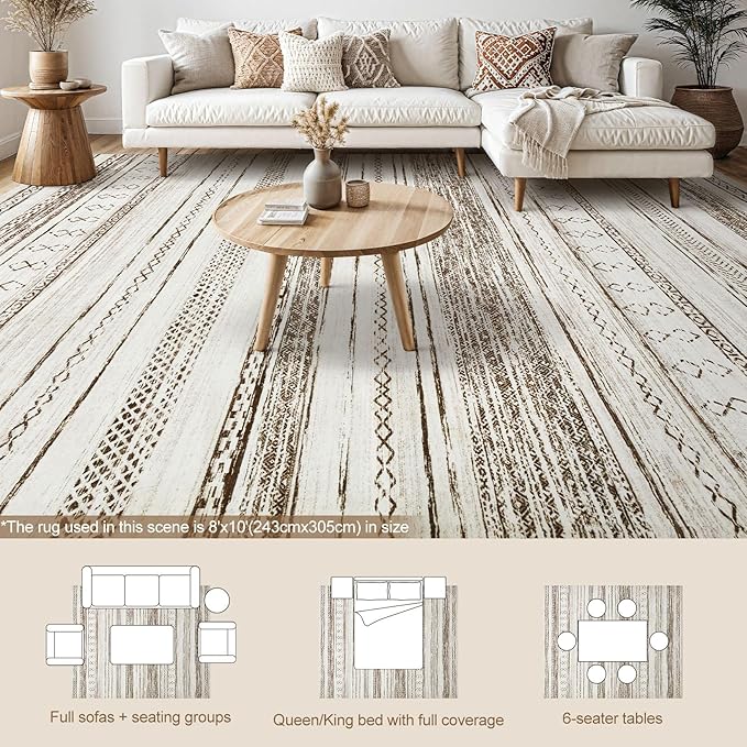 Tortania Area Rug Living Room Rugs - 8x10 Washable Large Soft Neutral Boho Moroccan Bohemian Farmhouse Rug Indoor Floor Carpet for Bedroom Under Dining Table Home Office Decor - Cream Brown