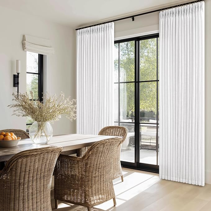 Pinch Pleated White Linen Curtains 84 Inches Long 2 Panels Set Thick Textured Drapes for Living Room Bedroom Dining Pinch Pleat Back Tab Light Filtering Boho Farmhouse Window Curtains 84 Inch Length
