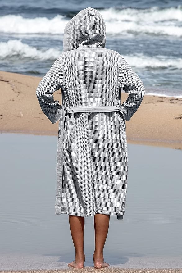 SEYANTE Women's Organic Cotton Waffle Kimono, Hooded Robe – GOTS Certified Lightweight Full-Length Spa Bathrobe with Piping