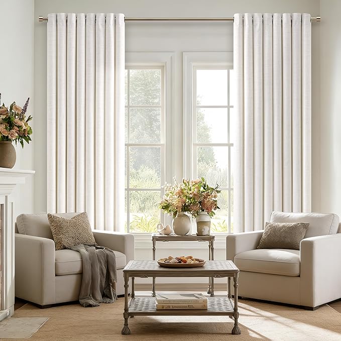 102 Inch Length 2 Panels Off White Curtains Ivory Cream Flax Burlap Light Filtering Semi Sheer Drapes Privacy Boho Farmhouse Large Window Ceiling to Floor Curtains for Bedroom 52x102