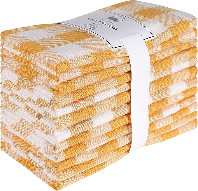 Check Cloth Dinner Napkins 18x18 Gingham Buffalo Set of 12, 100% Cotton Dinner Cocktail Napkins, Wedding Napkins with Mitered Corners and Generous Hem - Mustard White -Life By Cotton