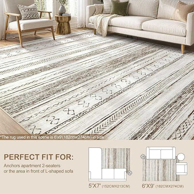 Tortania Area Rug Living Room Rugs - 5x7 Washable Large Soft Neutral Boho Moroccan Bohemian Farmhouse Rug Indoor Floor Carpet for Bedroom Under Dining Table Home Office Decor - Cream Brown