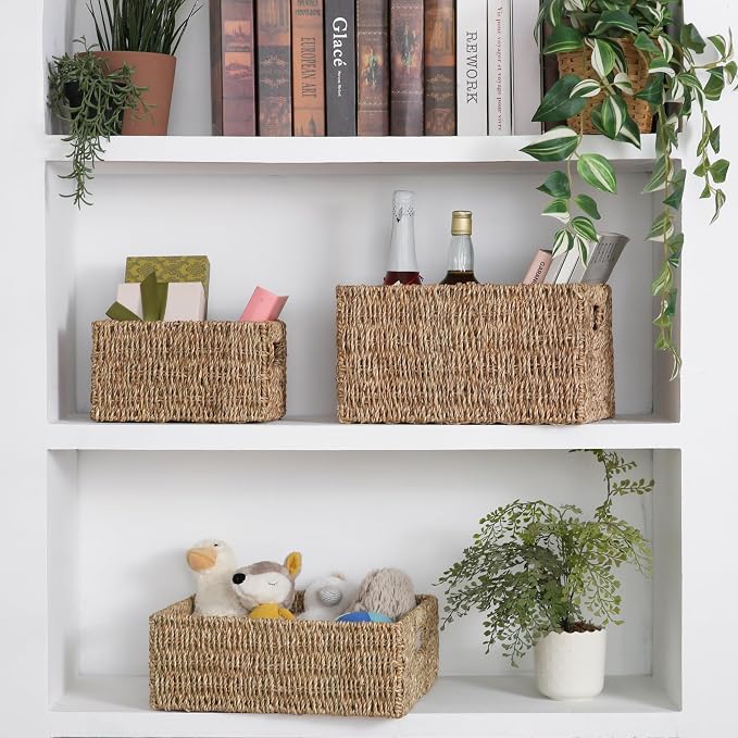 Handwoven Seagrass Storage Basket with Handles, Natural Woven Shelf Organizer Bin for Toys, Books, Closet and Home Storage (32cm/12.5'')