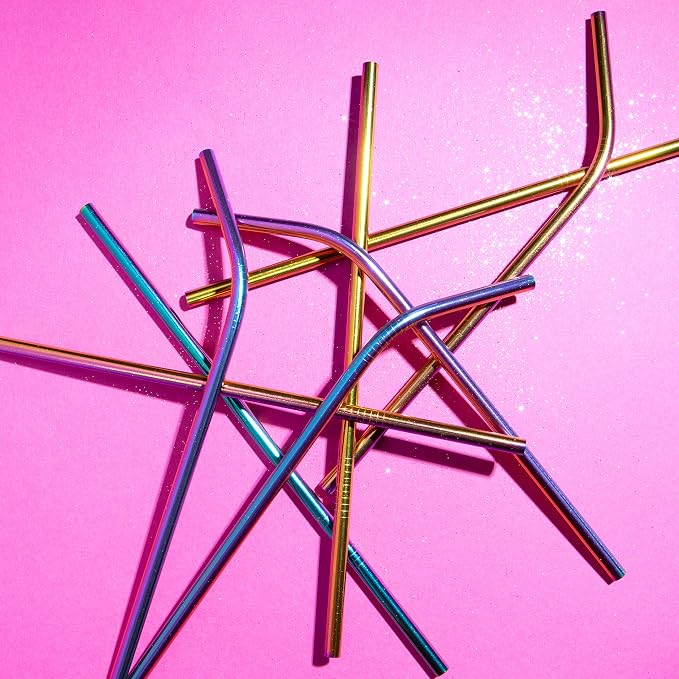 G FORCE Rainbow Eco-Friendly Reusable Stainless Steel 10 Pack Set, Including 4 Straight, 4 Angled Straws, 2 Cleaning Brushes, Standard (28550-RBW)