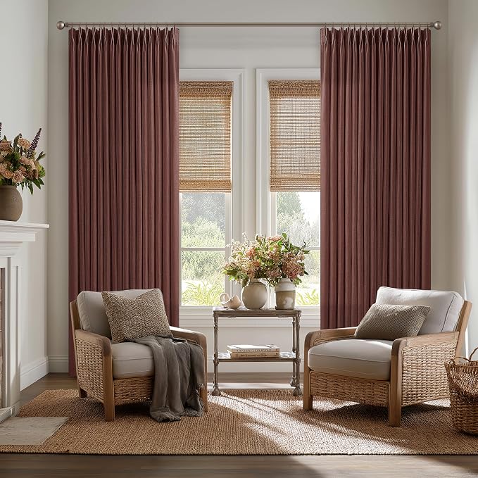 105 Inches Pinch Pleat Linen Blend Curtains 2 Panels Set Rustic Memory Trained Red Brick Back Tab Burlap Curtain with Hook Rings 50 Inch Wide Light Filtering Window Drapes for Living Room Bedroom