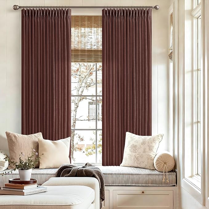 Pinch Pleated Short Linen Curtains 45 Inches Long 2 Panels Light Filtering Memory Trained Red Brick Curtain for Kitchen Bedroom Small Window 45 Inch Semi Sheer Privacy Linen Blend Cafe Drapes 50x45