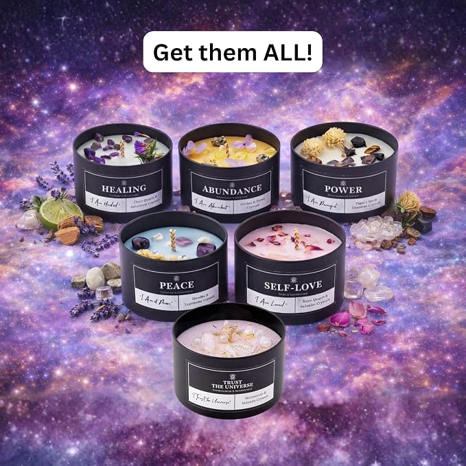 Self-Love Crystal Candle for Meditation and Room Decor, 8oz, Infused with Rose Quartz & Selenite Crystals, Rose & Sandalwood Essential Oil Scented Candles, Soy Wax Blend, Non Toxic Candles