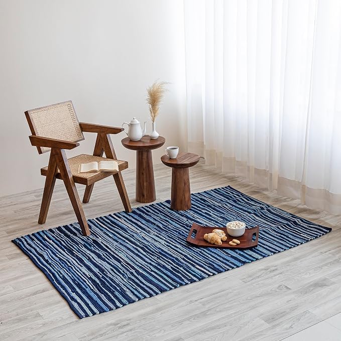 HOMEMONDE Navy Rag Rug 3'x5' Recycled Soft Cotton Chindi Rugs Hand Crafted Reversible Boho Home Decor for Bedroom, Living Room, Kitchen, Entyrway