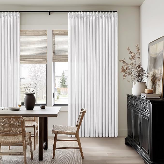 Extra Long White Linen Curtains 120 Inches Long Modern Neutral Curtain 10 Foot Light Filtering Semi Sheer Back Tab Pinch Pleat Curtain for Tall Ceiling Living Room 2 Panels 50 by 120 Inch Length