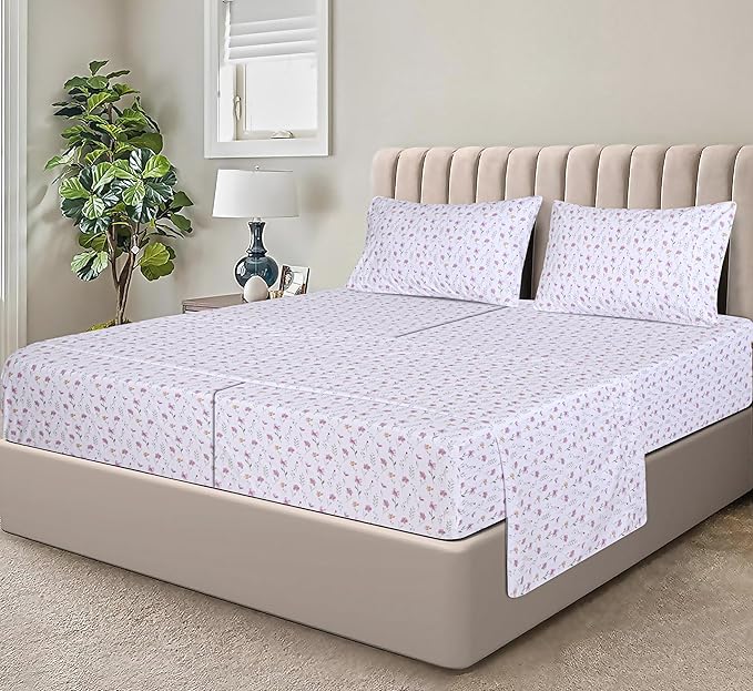 RUVANTI 100% Cotton Organic Percale Sheets Split King Size – Crisp Cooling Bed Sheets for Hot Sleepers, Deep Pocket 15”, Soft Peach Finish, Breathable & Durable Hotel-Style 5 Pcs, Obsessed Stems
