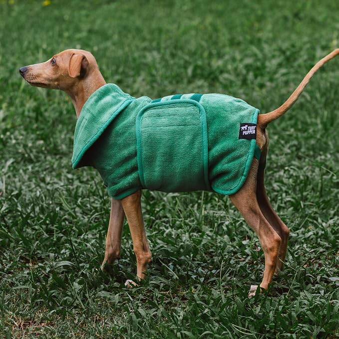 Tuff Pupper Fast Drying Dog Bath Robe | 800 GSM Plush Dog Towel Bathrobe/Dressing Gown | Super Absorbent Pet/Puppy Bathrobe | Adjustable Hood & Belly Strap | Super Soft | Fast Drying (XS, Green)