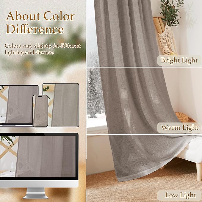 RYB HOME Linen Textured Curtains Semi Sheer Window Curtains Light Filtering Ariy Privacy Sheers for Bedroom Living Room Bathroom Patio Door, Birch Brown, 52 inch Wide x 84 inch Long, 2 Panels