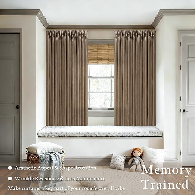 TWODRAPES Pinch Pleated Linen Curtains 63 Inches Long for Kitchen Bedroom Dutch Cocoa Boho Light Filtering Pleat Drapes with Hooks Rings Dining Room Linen Blend Window Curtain Privacy 2 Panels 63 Inch