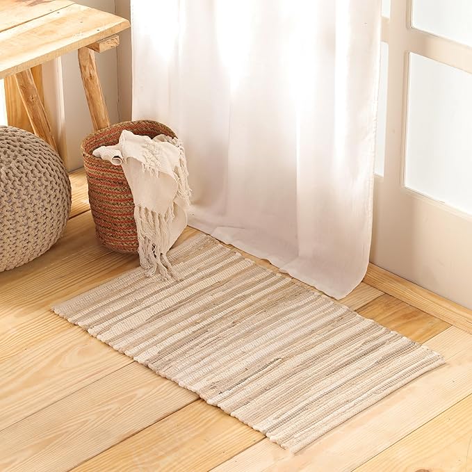 HOMEMONDE Beige Chindi Rug 20"x32" Recycled Soft Cotton Rag Rug Hand Crafted Reversible Boho Decor for Entyrway, Doormat, Kitchen, Bedroom, Living Room