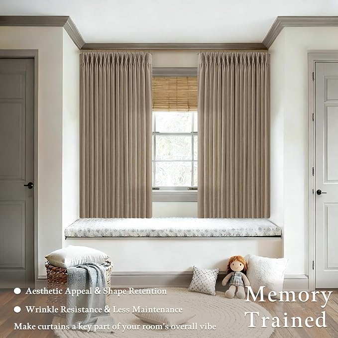 Short Pleated Linen Curtains 45 Inch Length 2 Panels Latte Rustic Country Light Filtering Back Tab Curtain for Kitchen Cafe Basement Light Brown Burlap Bay Window Drape with Hooks Rings W50xL45