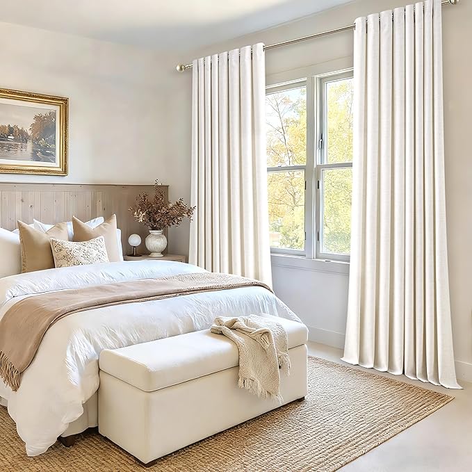 84 Inch Length 2 Panels Set Off White Linen Curtains Ivory Cream Colored Light Filtering Semi Sheer Grommet Drapes Thick Linen Privacy Non-See-Through Curtain for Living Room 52x84