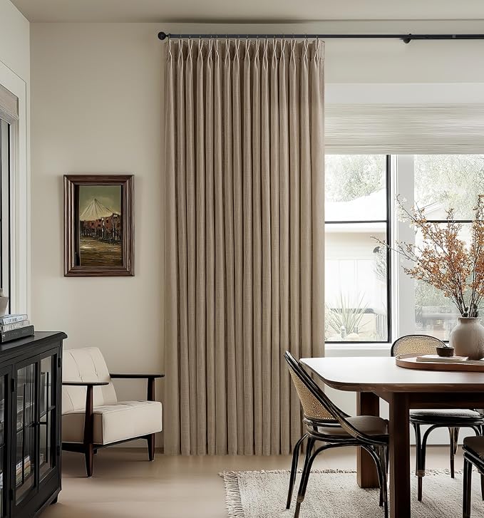 Light Brown 80 Inch Pleated Linen Curtains for Dining Living Room Flax Linen 80 Inches Length Memory Trained Light Filtering Window Drape with Hooks Rings Latte Back Tab Bedroom Curtain 2 Panels 50x80