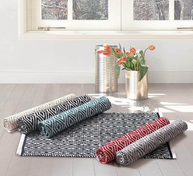 Chenille Cotton Diamond Runner Rug 2x5 Feet - Teal, Reversible Washable Soft Floor Runners Ideal for Kitchen, Hallway, Bedroom, Bathroom | Green Farmhouse Boho Indoor Use Rugs for Patio Décor
